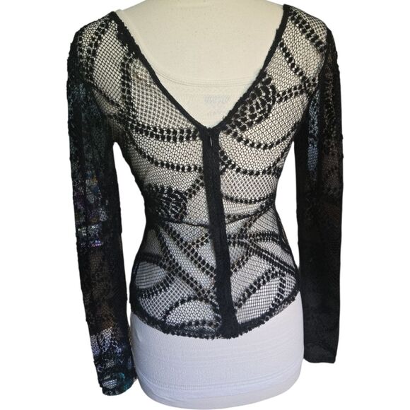 Silence + Noise Black Mesh Plunging Neckline Top - M - Picture 7 of 9